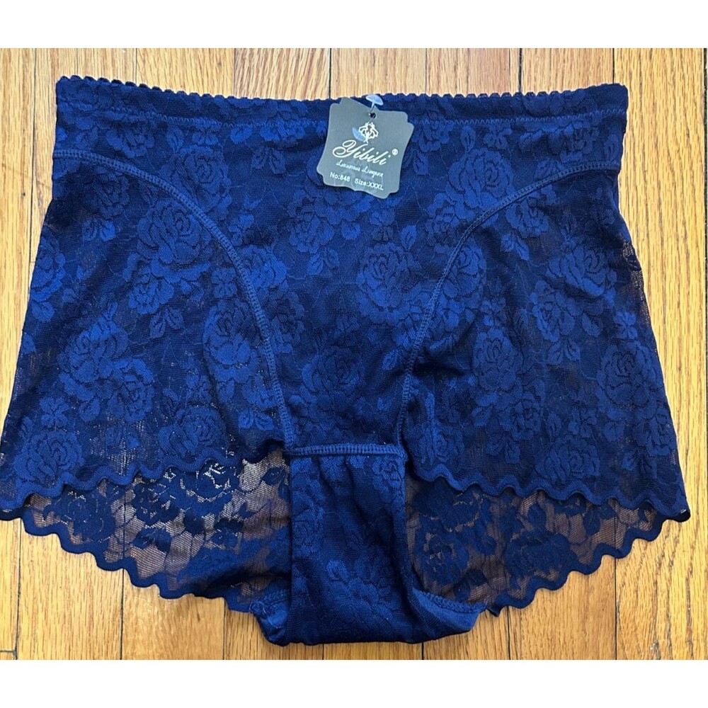 Womens XL Navy Blue Floral Scalloped Lace Panties High Waisted Brief Seamless